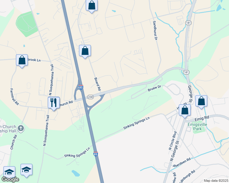 map of restaurants, bars, coffee shops, grocery stores, and more near 236 Pennsylvania 238 in York