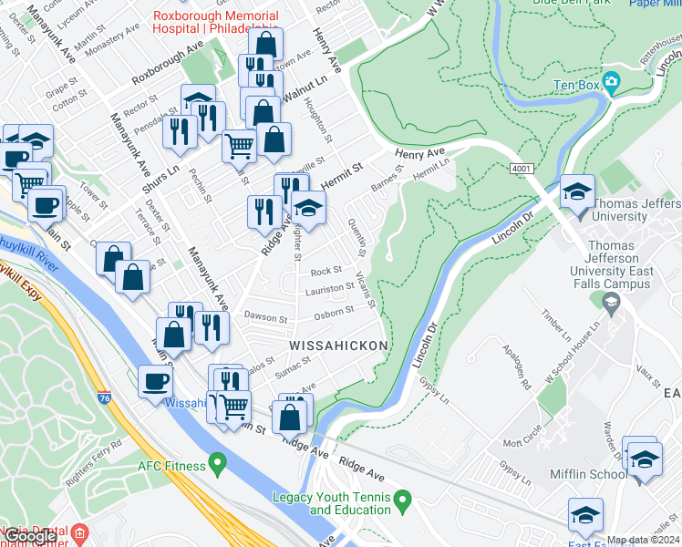 map of restaurants, bars, coffee shops, grocery stores, and more near 258 Rock Street in Philadelphia