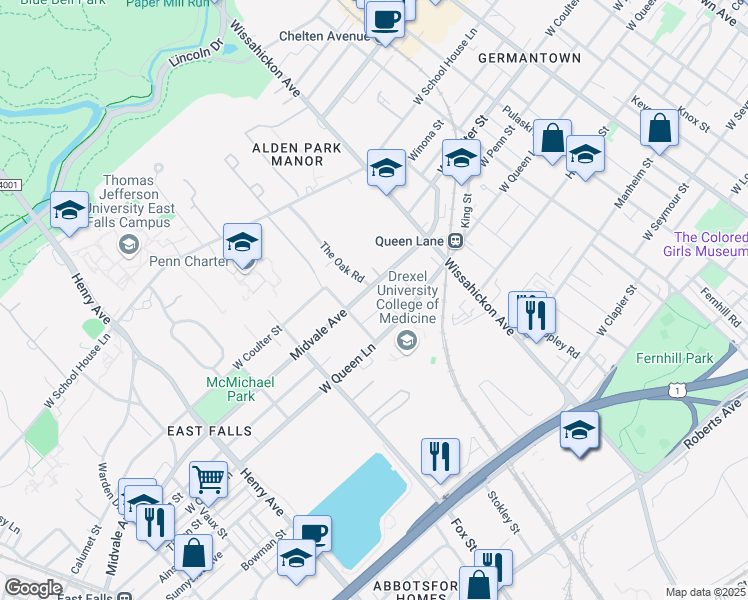 map of restaurants, bars, coffee shops, grocery stores, and more near 2900 Midvale Avenue in Philadelphia