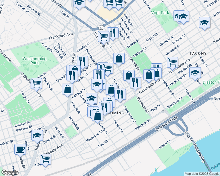 map of restaurants, bars, coffee shops, grocery stores, and more near 4504 Devereaux Street in Philadelphia