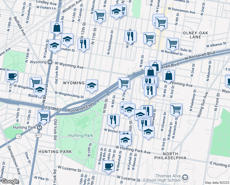 map of restaurants, bars, coffee shops, grocery stores, and more near 818 West Roosevelt Boulevard in Philadelphia