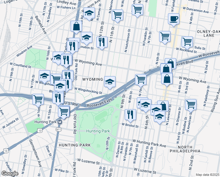 map of restaurants, bars, coffee shops, grocery stores, and more near 4529 North Warnock Street in Philadelphia