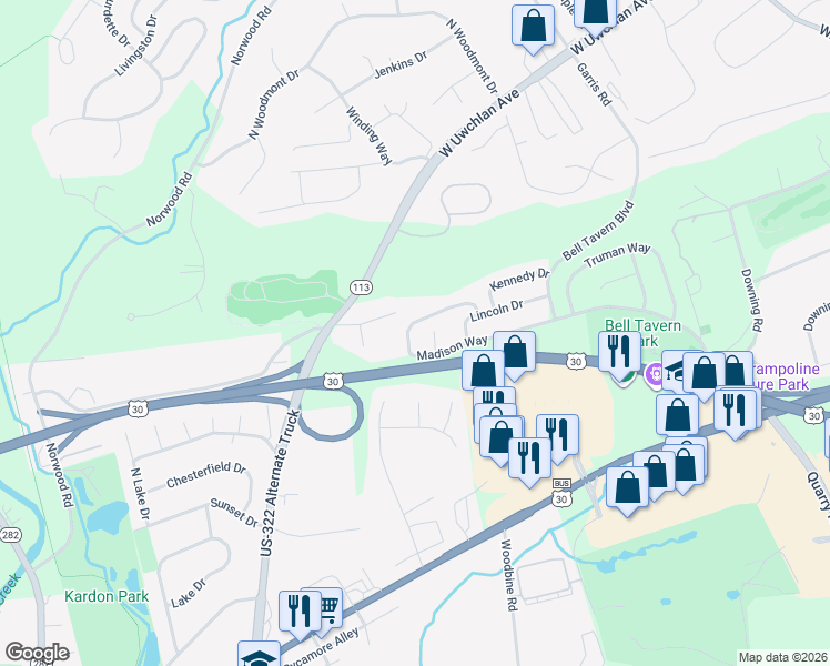 map of restaurants, bars, coffee shops, grocery stores, and more near 119 Madison Way in Downingtown