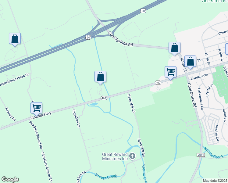 map of restaurants, bars, coffee shops, grocery stores, and more near 6247 Lincoln Highway in Wrightsville