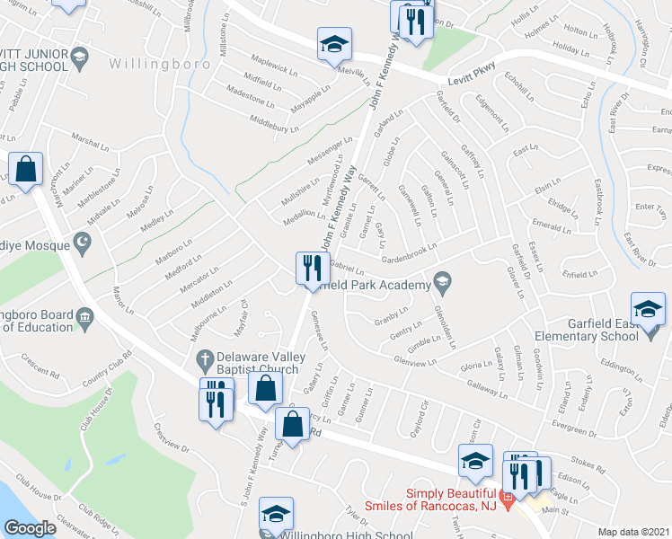 map of restaurants, bars, coffee shops, grocery stores, and more near 8 Gabriel Lane in Willingboro