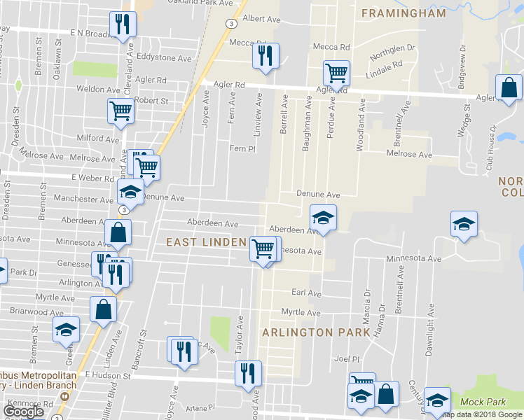 map of restaurants, bars, coffee shops, grocery stores, and more near 2139 Denune Avenue in Columbus