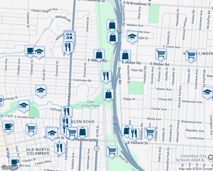 map of restaurants, bars, coffee shops, grocery stores, and more near 2777 Silver Drive in Columbus