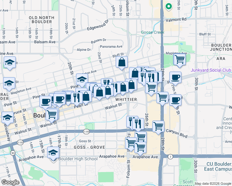 map of restaurants, bars, coffee shops, grocery stores, and more near 2301 Pearl Street in Boulder