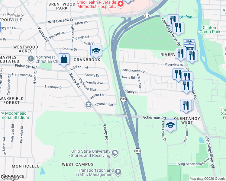 map of restaurants, bars, coffee shops, grocery stores, and more near 834 Bricker Boulevard in Columbus