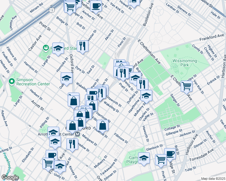 map of restaurants, bars, coffee shops, grocery stores, and more near 1613 Dyre Street in Philadelphia