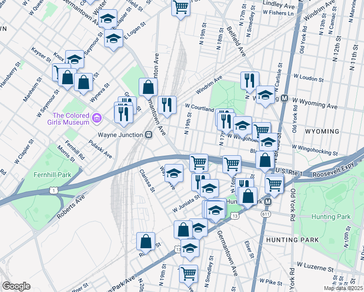 map of restaurants, bars, coffee shops, grocery stores, and more near 4408 North 19th Street in Philadelphia