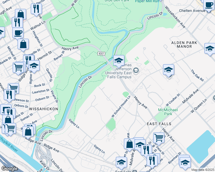 map of restaurants, bars, coffee shops, grocery stores, and more near 4141 Timber Lane in Philadelphia