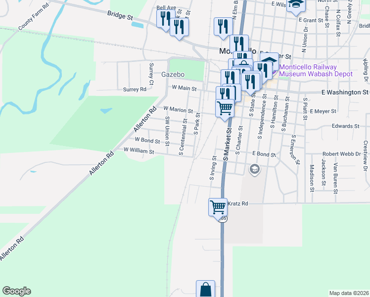 map of restaurants, bars, coffee shops, grocery stores, and more near 711 South Centennial Street in Monticello