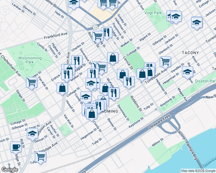 map of restaurants, bars, coffee shops, grocery stores, and more near 4513 Devereaux Street in Philadelphia