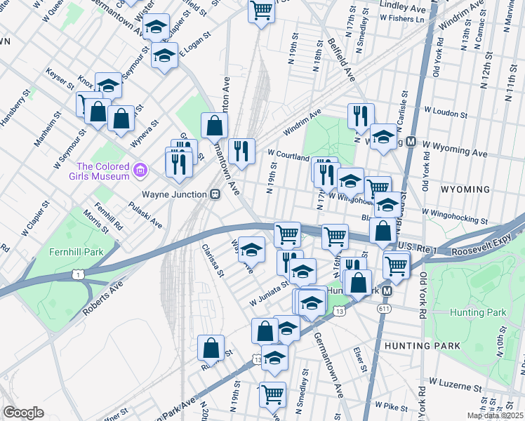map of restaurants, bars, coffee shops, grocery stores, and more near 4408 North 19th Street in Philadelphia