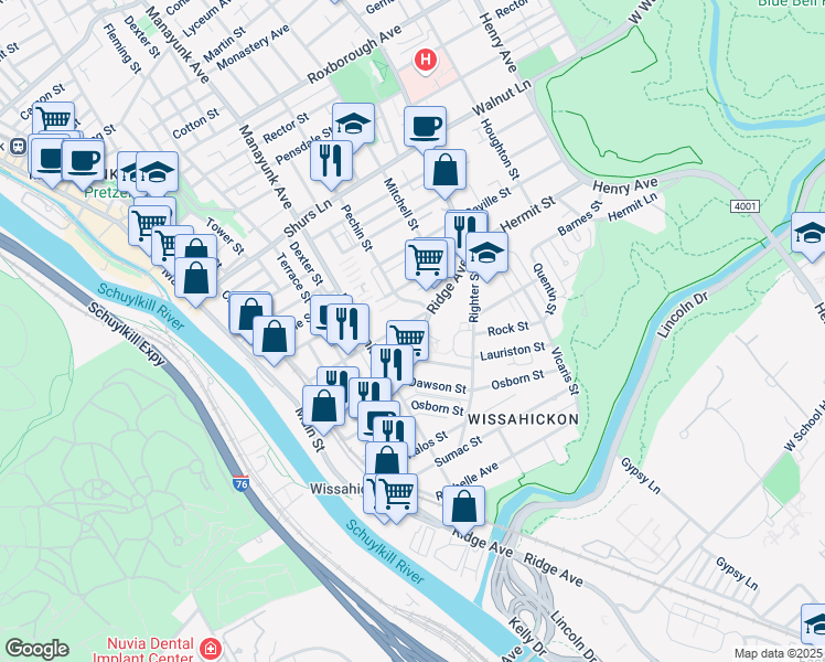 map of restaurants, bars, coffee shops, grocery stores, and more near 5318 Ridge Avenue in Philadelphia