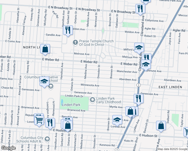 map of restaurants, bars, coffee shops, grocery stores, and more near 1448 Aberdeen Avenue in Columbus