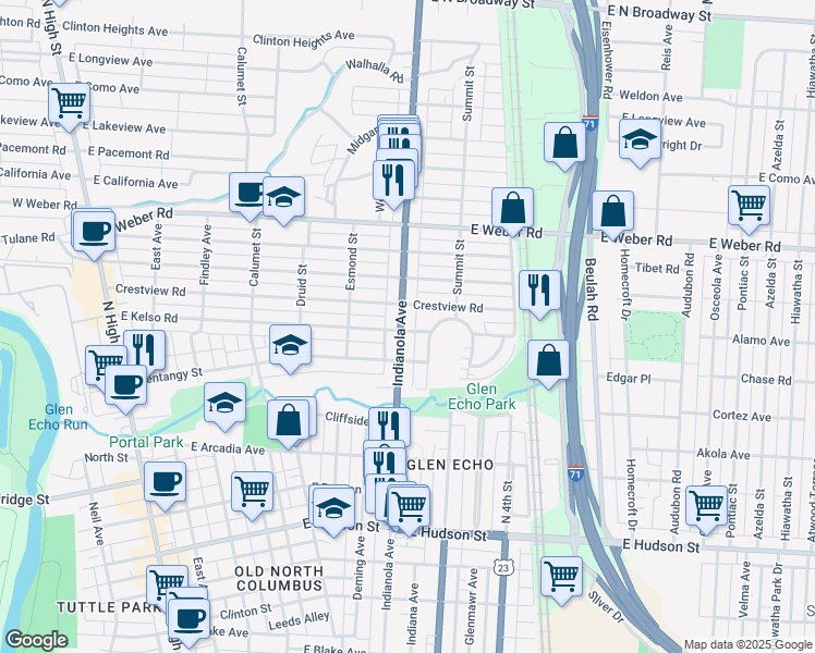 map of restaurants, bars, coffee shops, grocery stores, and more near 430 East Kelso Road in Columbus