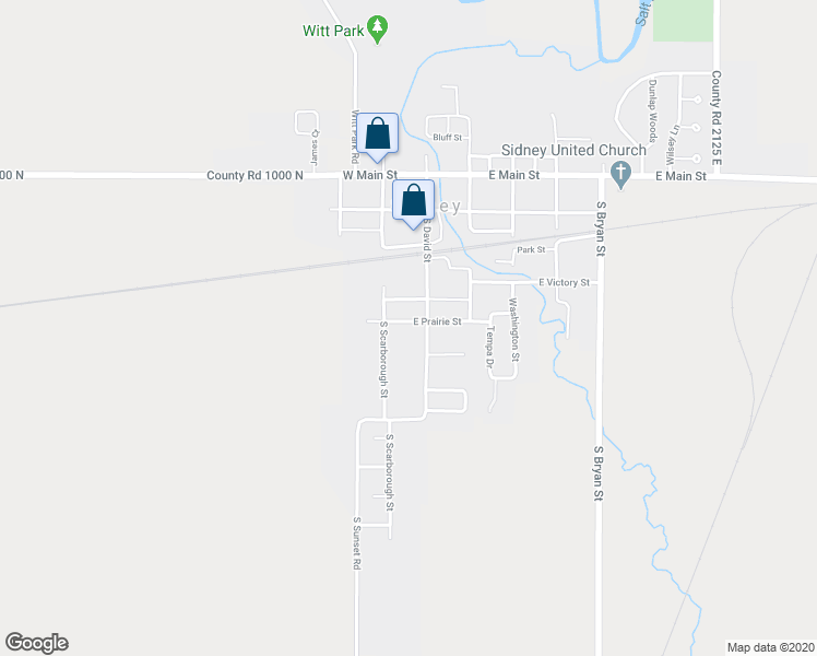 map of restaurants, bars, coffee shops, grocery stores, and more near 105 East Prairie Street in Sidney