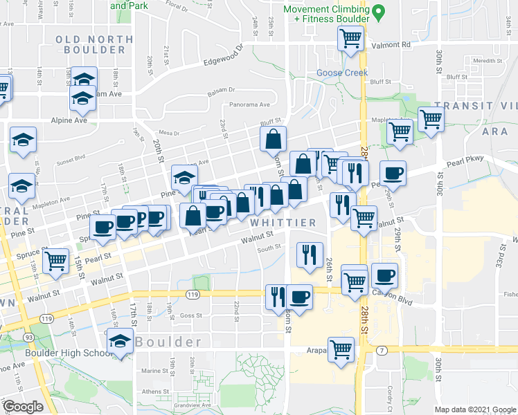 map of restaurants, bars, coffee shops, grocery stores, and more near 2301 Pearl Street in Boulder