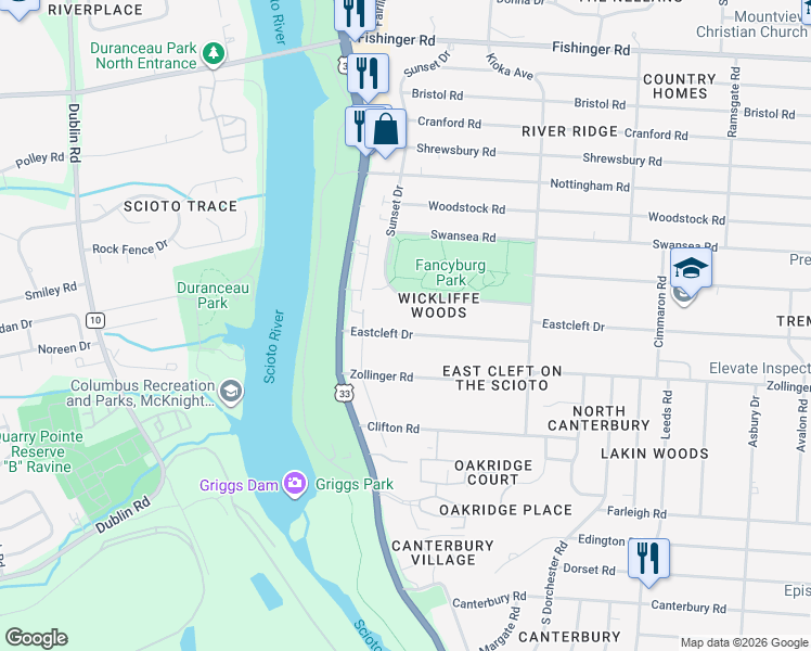 map of restaurants, bars, coffee shops, grocery stores, and more near 2846 Eastcleft Drive in Columbus