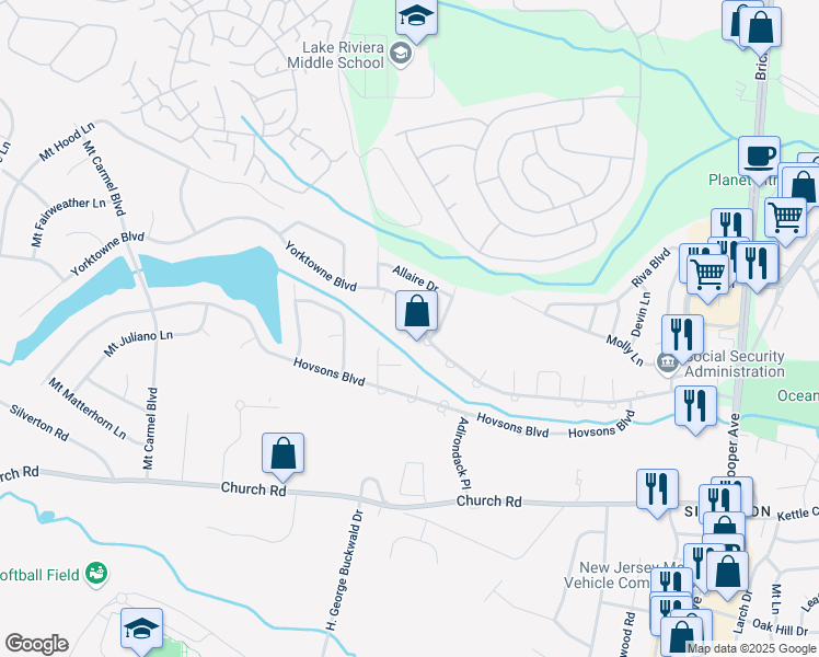 map of restaurants, bars, coffee shops, grocery stores, and more near 7 Bear Mountain Court in Toms River