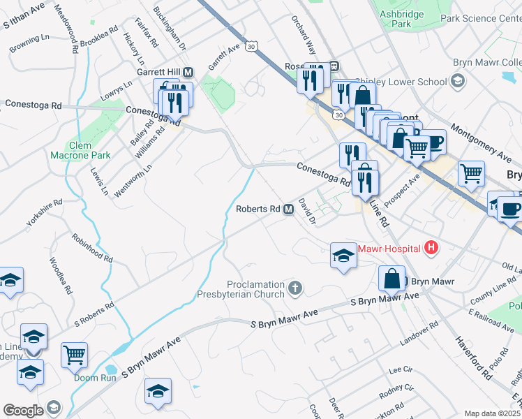 map of restaurants, bars, coffee shops, grocery stores, and more near 262 South Roberts Road in Bryn Mawr