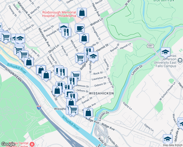 map of restaurants, bars, coffee shops, grocery stores, and more near 203 Rock Street in Philadelphia