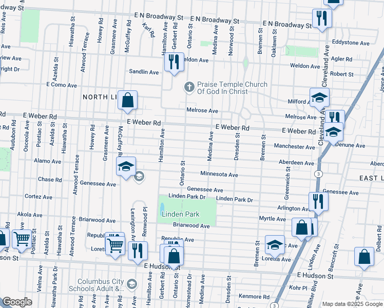 map of restaurants, bars, coffee shops, grocery stores, and more near 1340 Aberdeen Avenue in Columbus