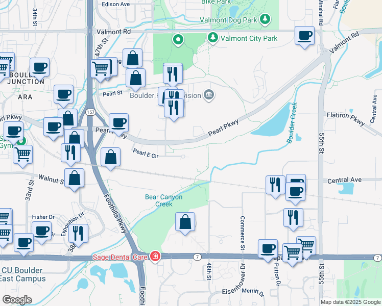 map of restaurants, bars, coffee shops, grocery stores, and more near 4949 Pearl Parkway in Boulder