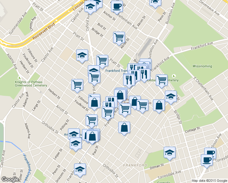 map of restaurants, bars, coffee shops, grocery stores, and more near 5009 Penn Street in Philadelphia
