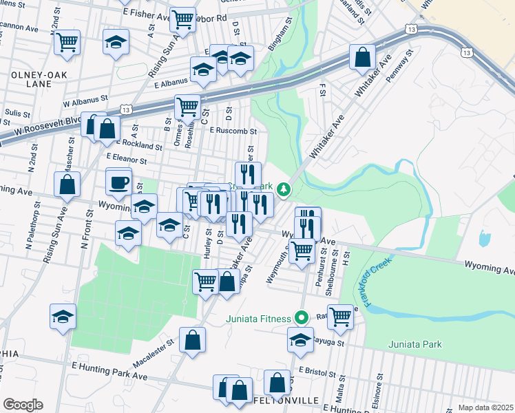 map of restaurants, bars, coffee shops, grocery stores, and more near 542 East Loudon Street in Philadelphia