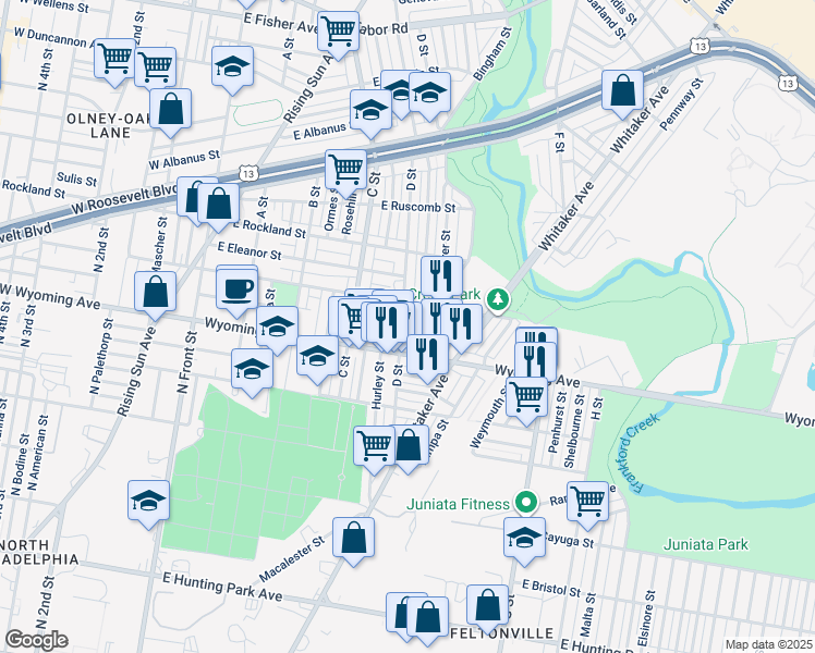map of restaurants, bars, coffee shops, grocery stores, and more near 4727 D Street in Philadelphia