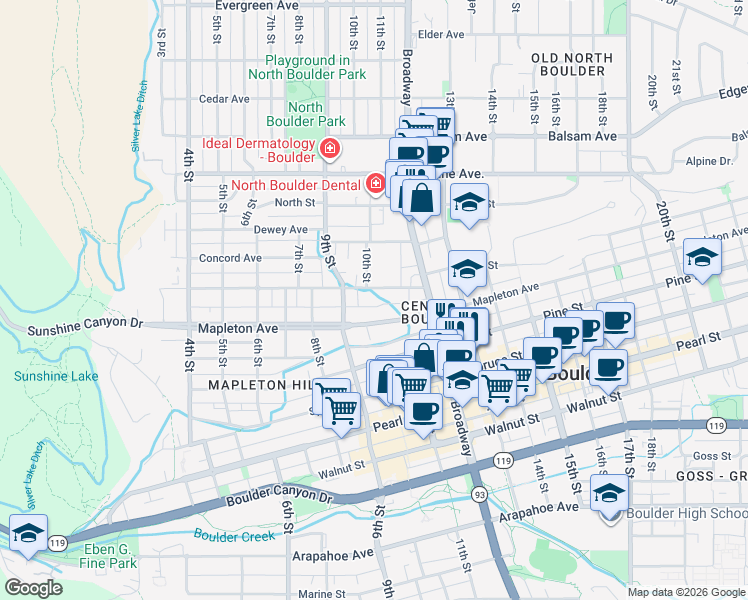 map of restaurants, bars, coffee shops, grocery stores, and more near 1020 Maxwell Avenue in Boulder
