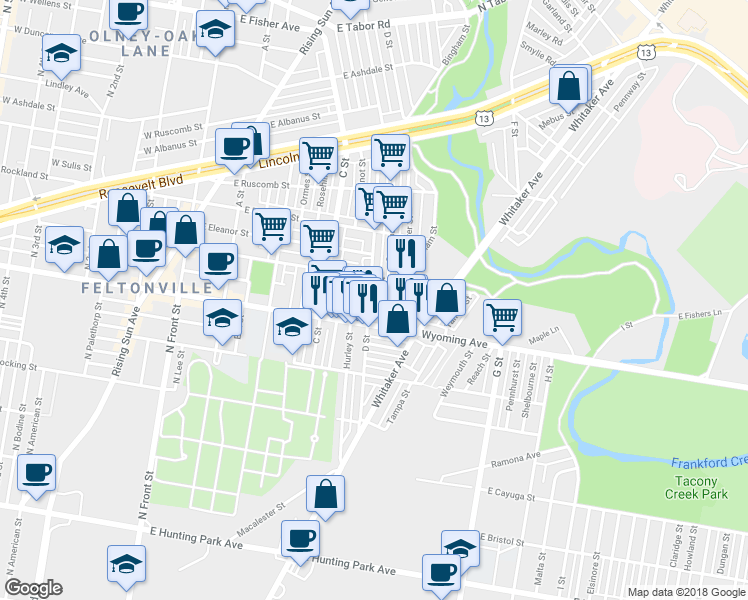 map of restaurants, bars, coffee shops, grocery stores, and more near 4727 D Street in Philadelphia