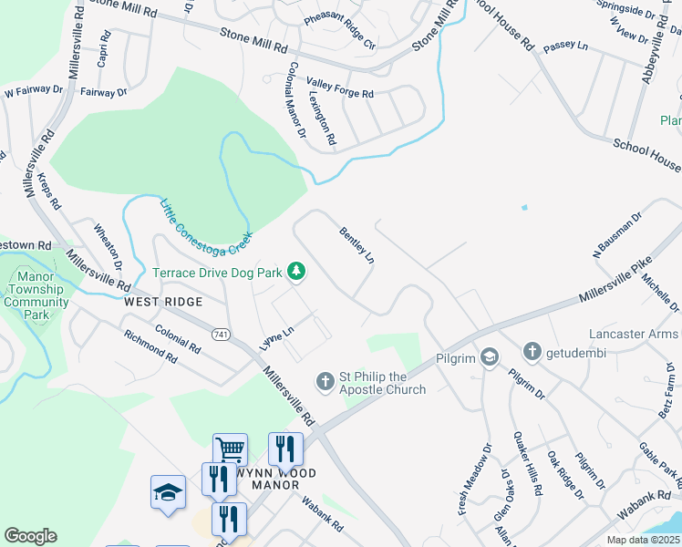map of restaurants, bars, coffee shops, grocery stores, and more near 103 Bentley Lane in Lancaster