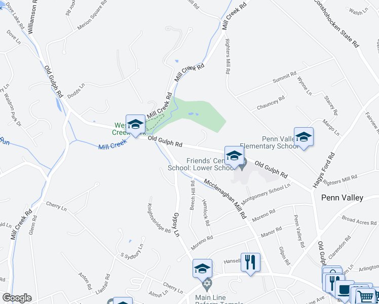 map of restaurants, bars, coffee shops, grocery stores, and more near 128 Old Gulph Road in Wynnewood