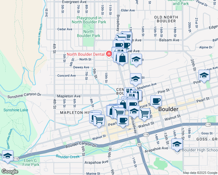 map of restaurants, bars, coffee shops, grocery stores, and more near 1020 Maxwell Avenue in Boulder