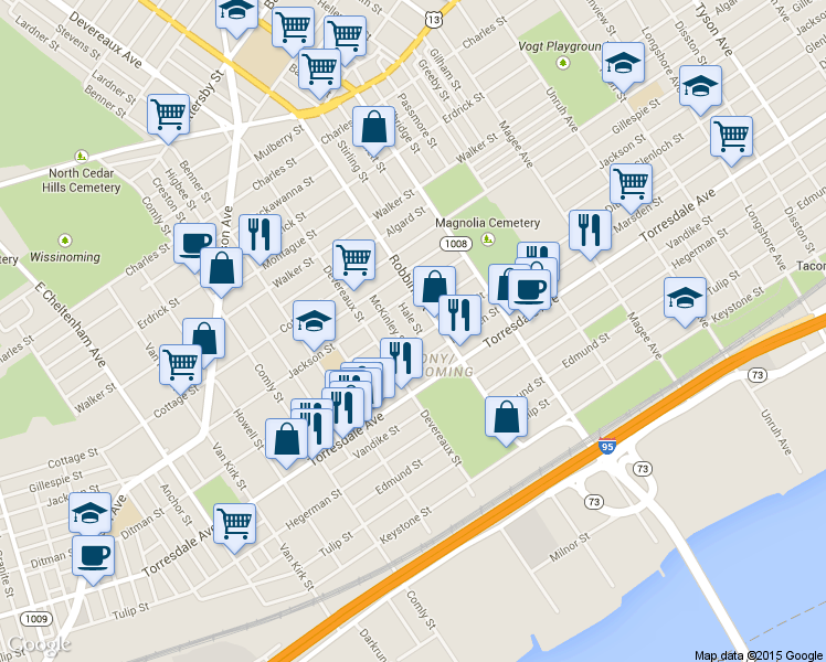 map of restaurants, bars, coffee shops, grocery stores, and more near 4538 Hale Street in Philadelphia