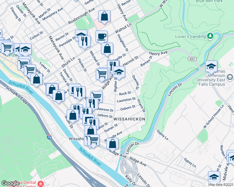 map of restaurants, bars, coffee shops, grocery stores, and more near 425 Righter Street in Philadelphia