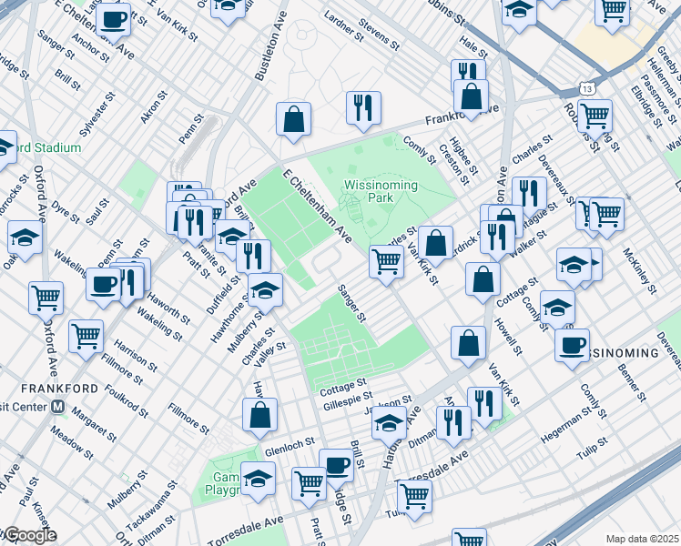 map of restaurants, bars, coffee shops, grocery stores, and more near 5408 Charles Street in Philadelphia