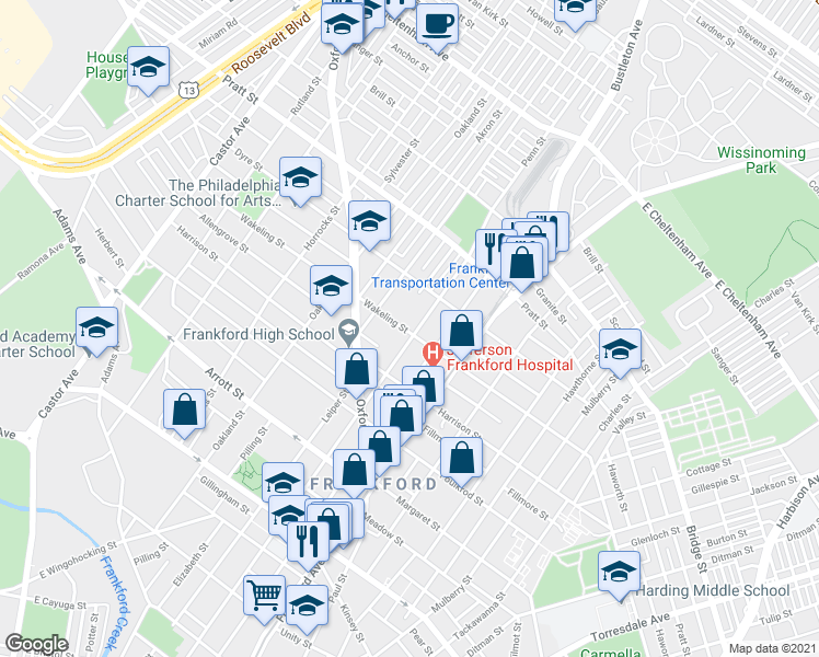 map of restaurants, bars, coffee shops, grocery stores, and more near 5000 Penn Street in Philadelphia