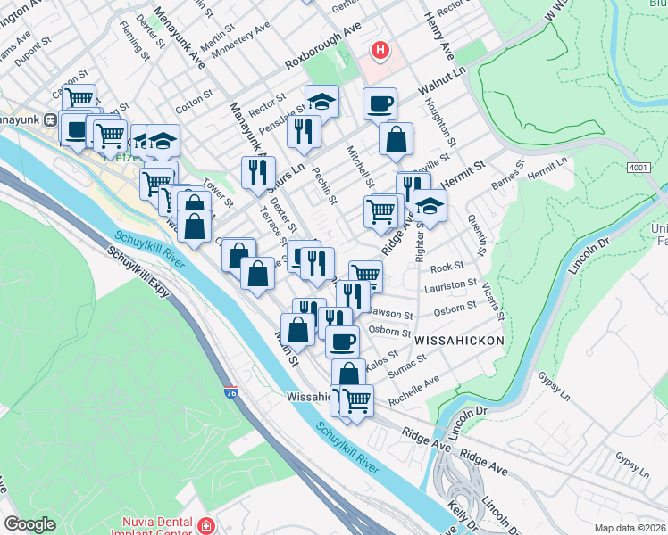 map of restaurants, bars, coffee shops, grocery stores, and more near 3869 Manayunk Avenue in Philadelphia