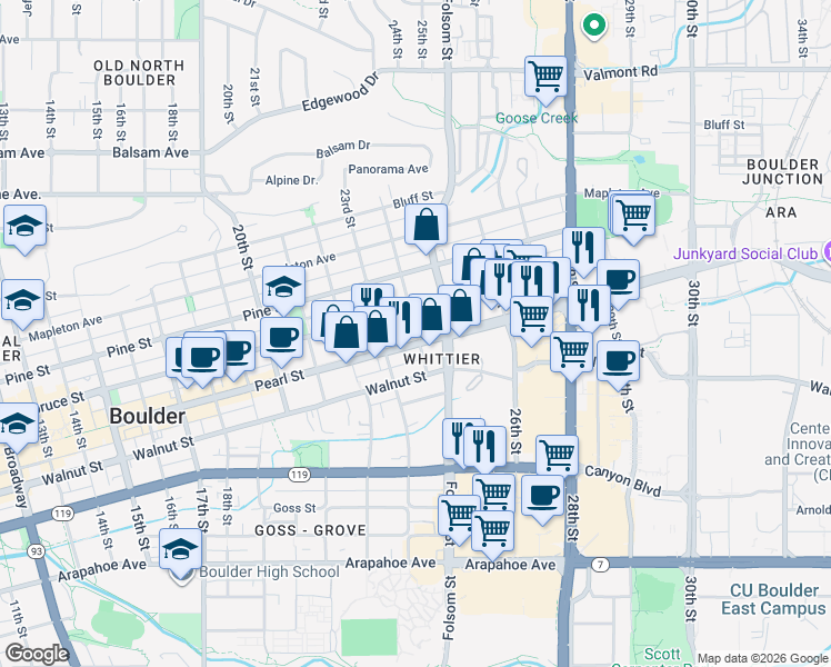 map of restaurants, bars, coffee shops, grocery stores, and more near 2400 Spruce Street in Boulder
