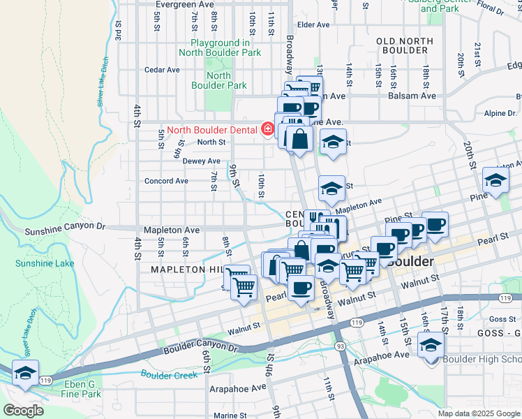 map of restaurants, bars, coffee shops, grocery stores, and more near 1020 Maxwell Avenue in Boulder