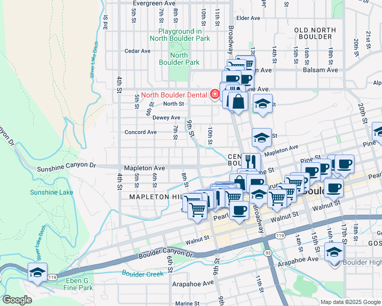 map of restaurants, bars, coffee shops, grocery stores, and more near 840 Maxwell Avenue in Boulder