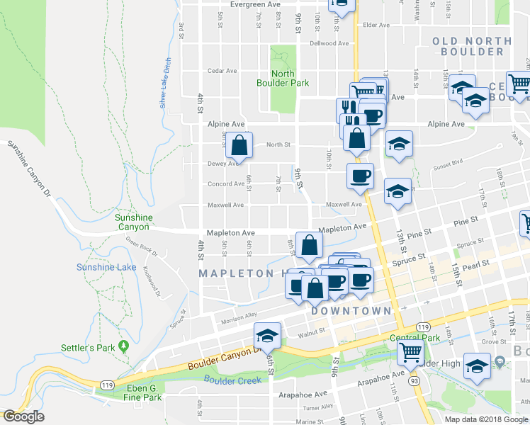 map of restaurants, bars, coffee shops, grocery stores, and more near 624 Maxwell Avenue in Boulder
