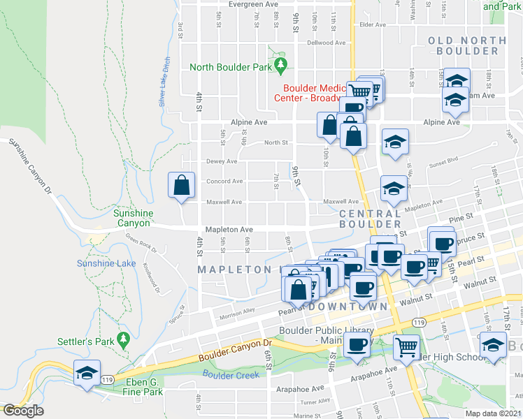 map of restaurants, bars, coffee shops, grocery stores, and more near 624 Maxwell Avenue in Boulder
