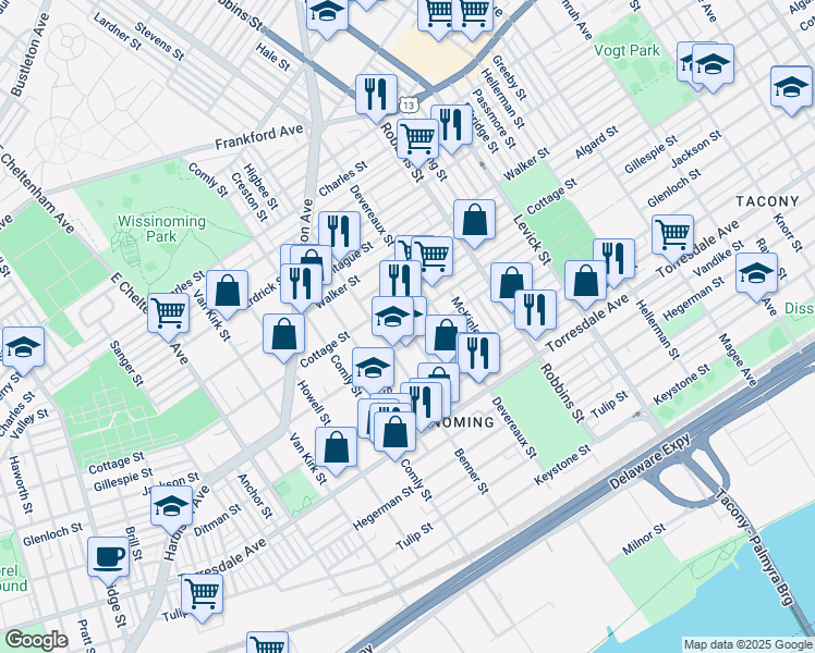 map of restaurants, bars, coffee shops, grocery stores, and more near 6133 Gillespie Street in Philadelphia