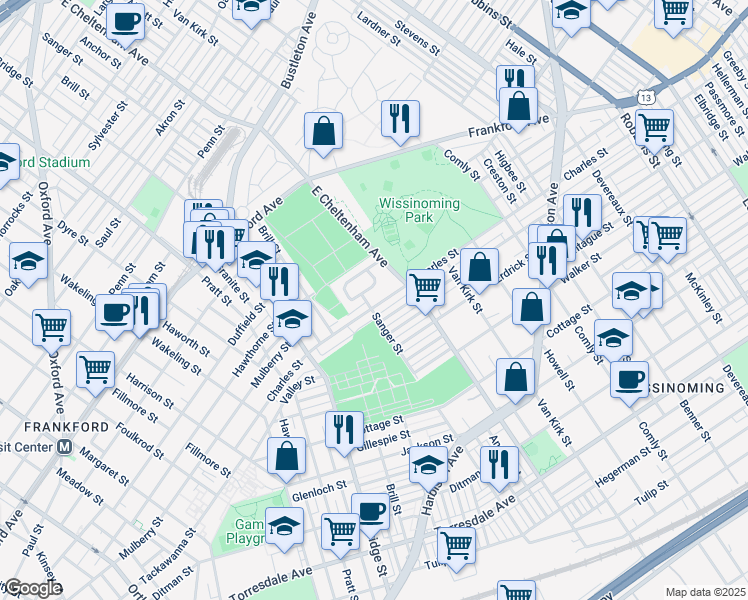 map of restaurants, bars, coffee shops, grocery stores, and more near 5408 Charles Street in Philadelphia
